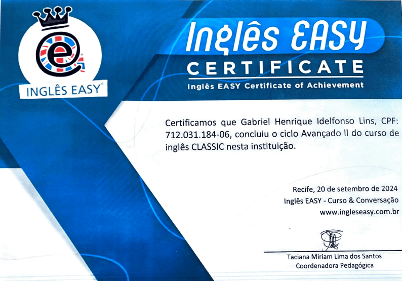 Certificado de Conclusão do Curso de Inglês